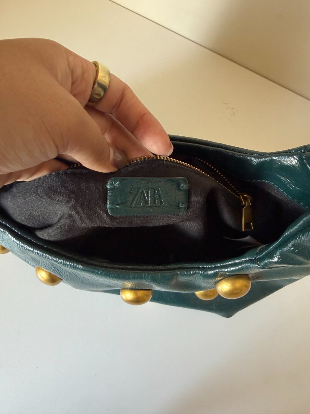 Zara Y2K Gold Stud Hobo Bag | Dark Green Patent Leather Shoulder Bag | Vintage - Picture 7 of 8